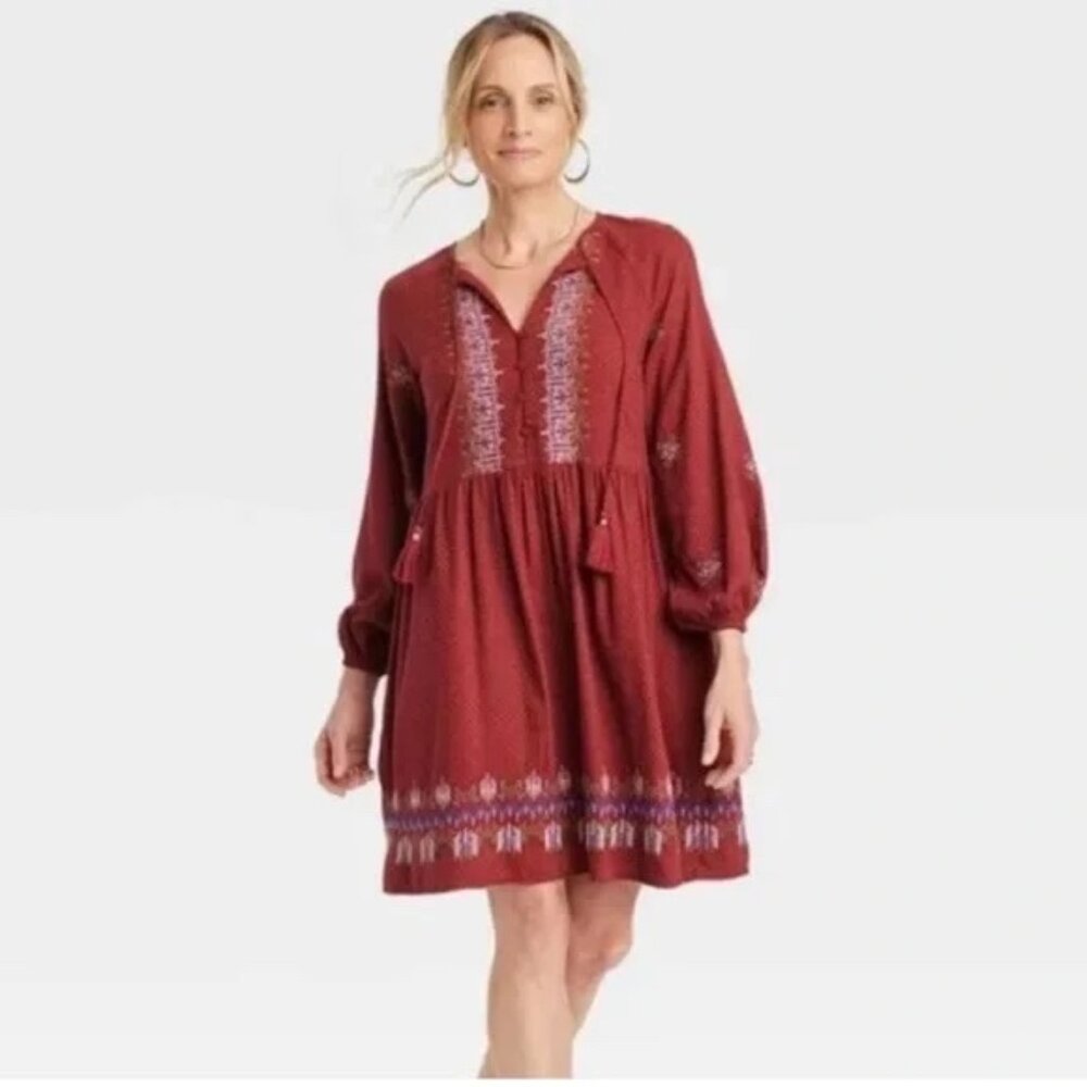 Knox Rose Embroidered Boho Peasant Dress Large